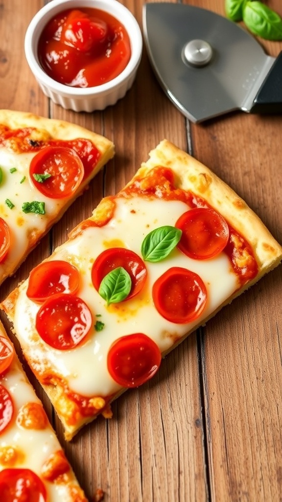 Cauliflower crust pepperoni pizza with melted cheese and pepperoni on a wooden table.
